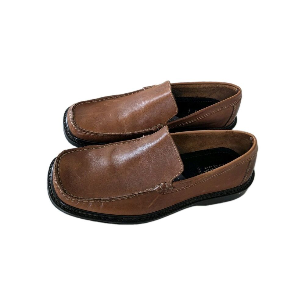 Bass Mens 9.5 Brown Leather Venetian Loafers Made in Italy Slip On Shoes Cognac